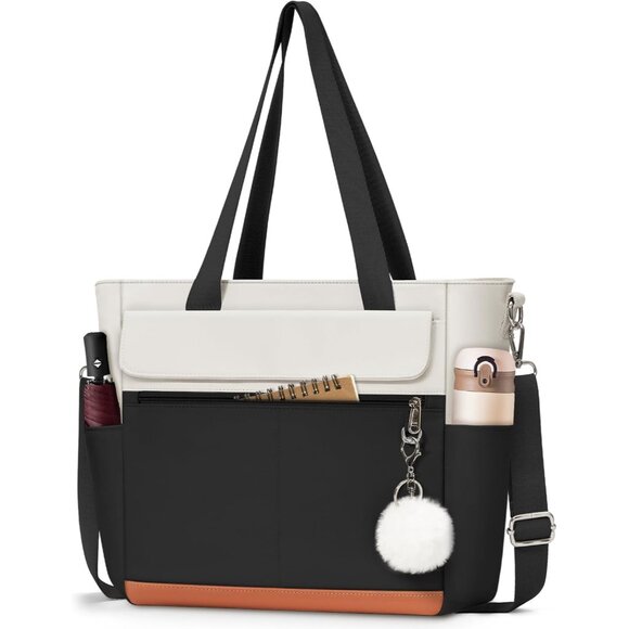 Women Black With White Multi-Pocket Waterproof Canvas Tote Bags with Zipper - Picture 1 of 6